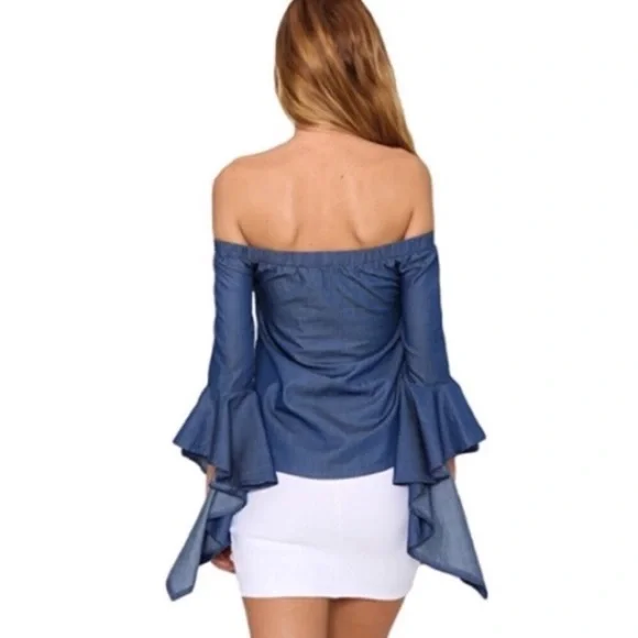 Off Shoulder Ruffled Bell Sleeve Chambray Top - Picture 4 of 7
